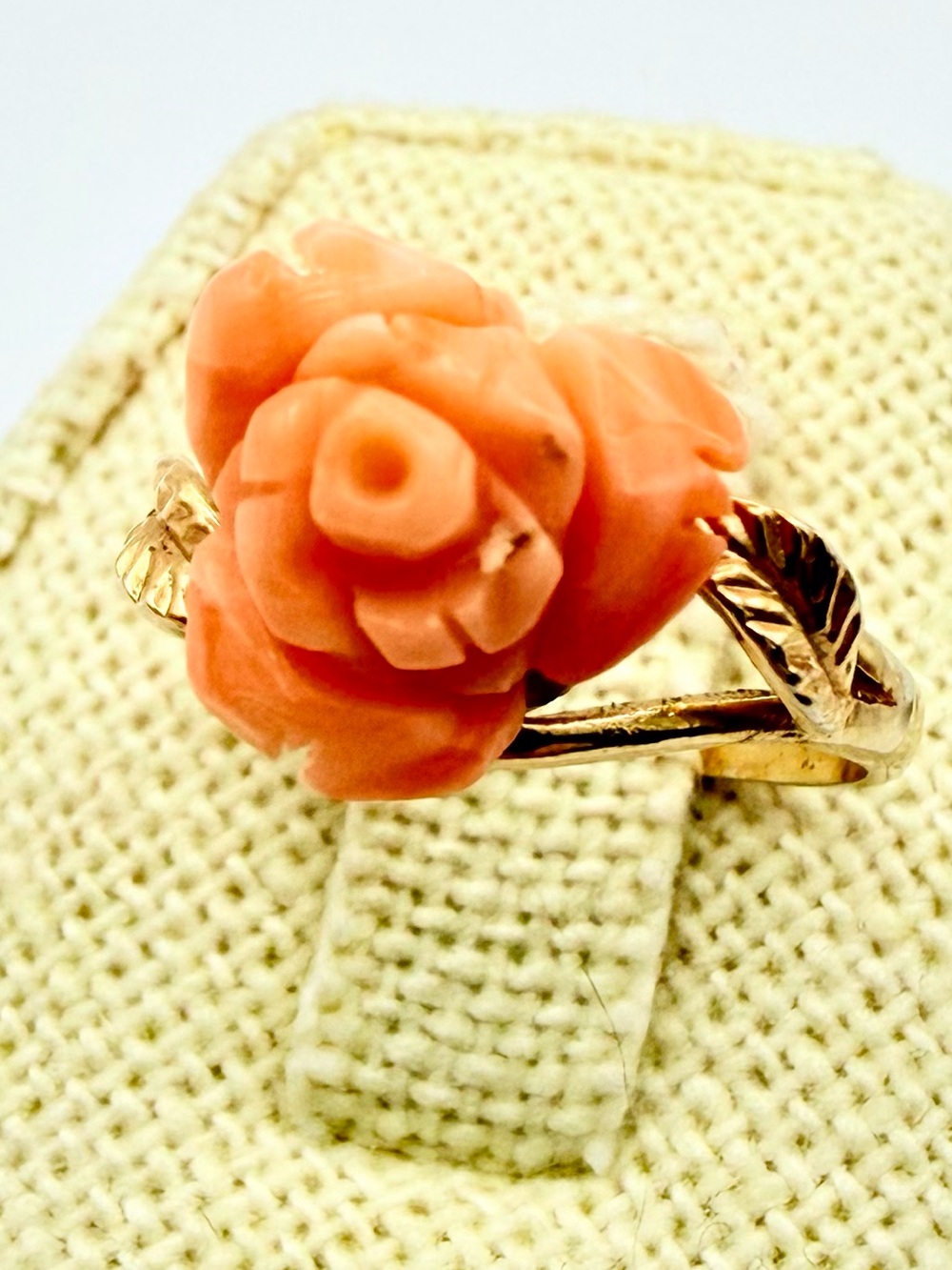 Vintage Angel Skin Coral Carved Rose Gold Tone Ring